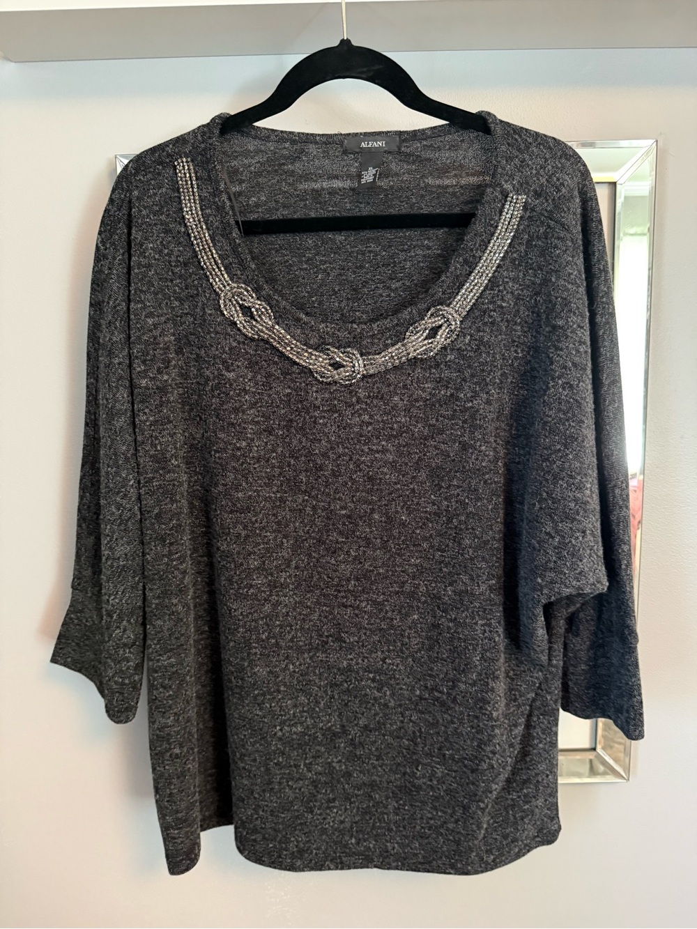 Alfani Charcoal Gray Beaded-Neck Knit Top